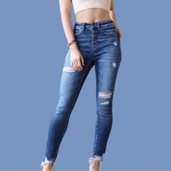 High Rise Distressed Jeans -Stretch Denim - Picture 2 of 3